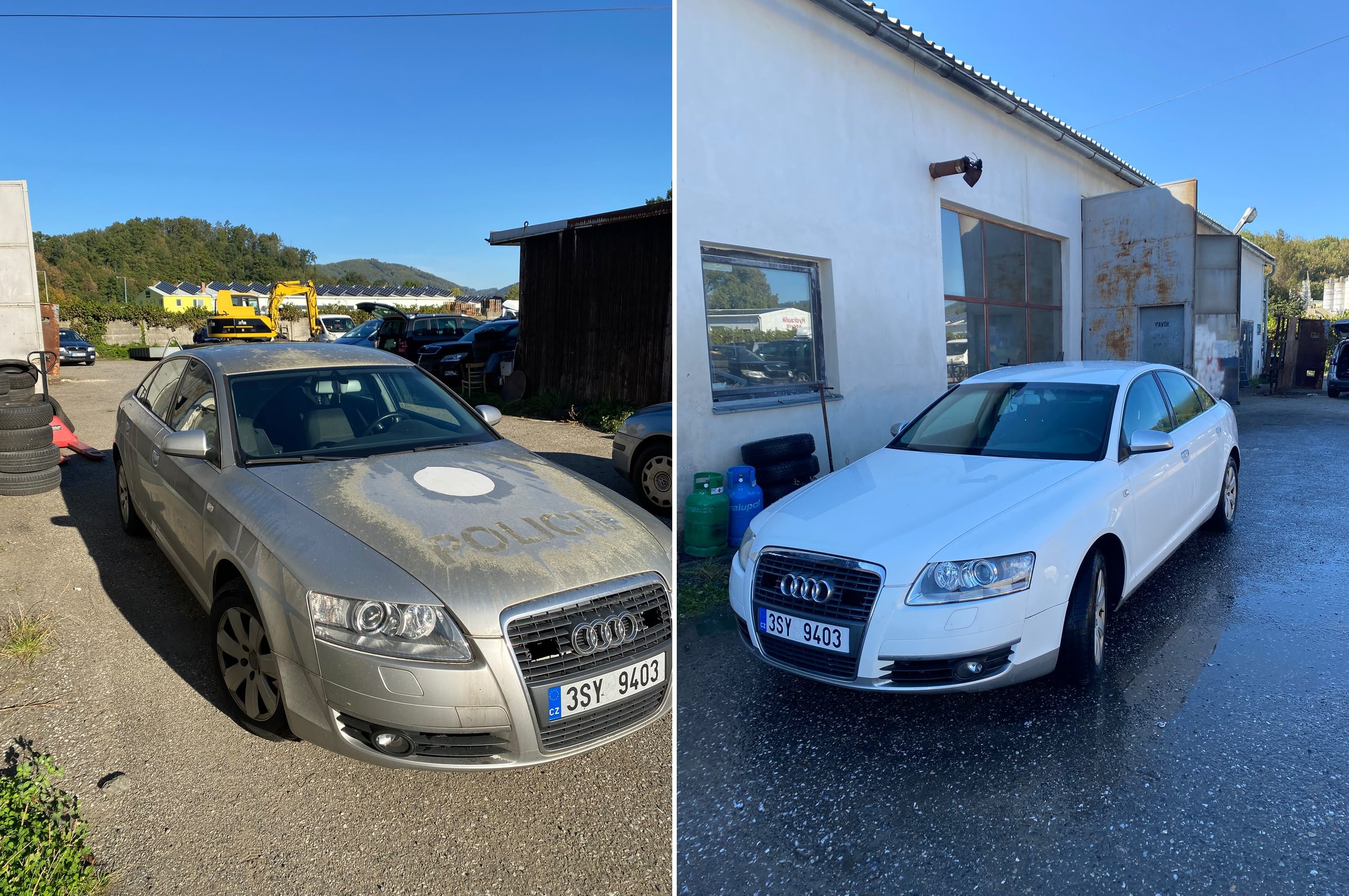 Auto před a po odstranění polepu: špinavý vůz s obrysy nápisu Policie a stejné auto čisté